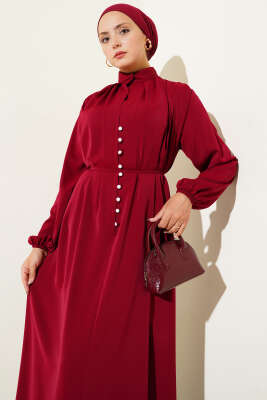 Brit Düğmeli İp Bağcıklı Elbise Bordo - 700-1000 TL Ürünler