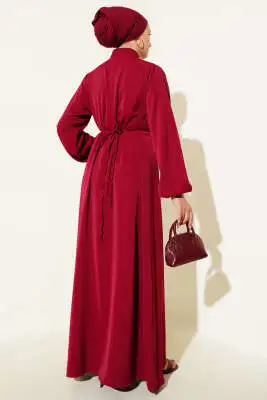 Brit Düğmeli İp Bağcıklı Elbise Bordo - Tesettür Elbise