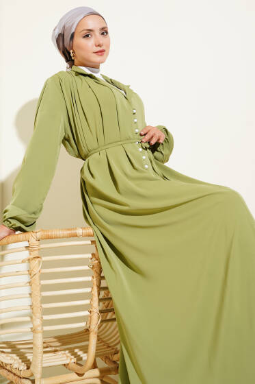 Brit Düğmeli İp Bağcıklı Elbise Çağla Yeşili - Elbise