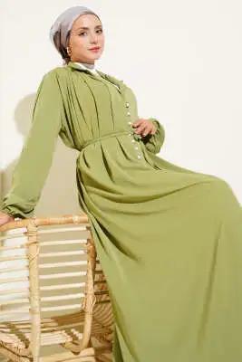 Brit Düğmeli İp Bağcıklı Elbise Çağla Yeşili 