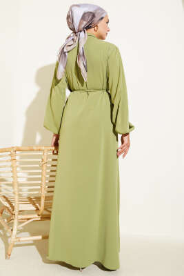 Brit Düğmeli İp Bağcıklı Elbise Çağla Yeşili - Tesettür Elbise