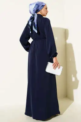 Brit Düğmeli İp Bağcıklı Elbise Lacivert - Tesettür Elbise
