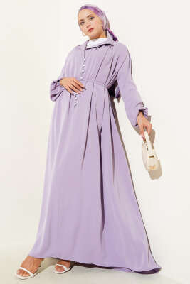 Brit Düğmeli İp Bağcıklı Elbise Lila 