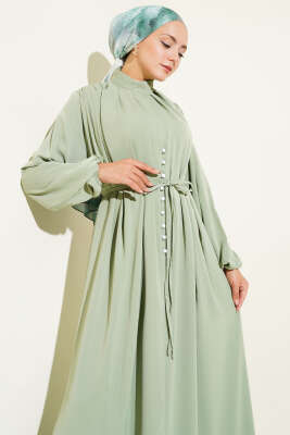Brit Düğmeli İp Bağcıklı Elbise Mint - Tesettür Elbise