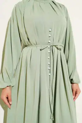 Brit Düğmeli İp Bağcıklı Elbise Mint - Tesettür Elbise