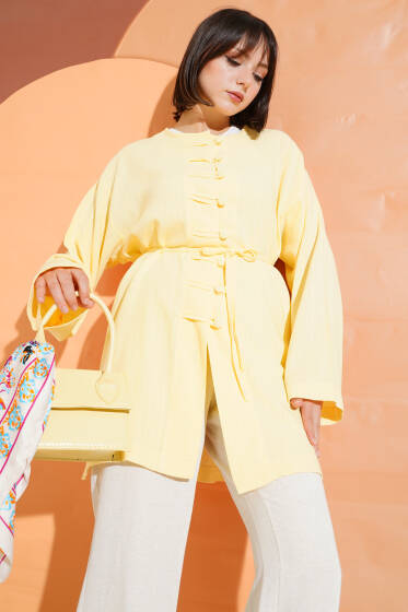 Brit Düğmeli İp Kuşaklı Gömlek Sarı - Gömlek