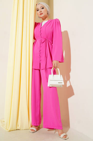 Brit Düğmeli İp Kuşaklı Tunik İkili Takım Fuşya - İkili Takım