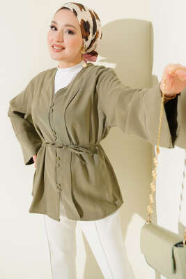 Brit Düğmeli İp Kuşaklı Tensel Gömlek Haki - DESTİNA