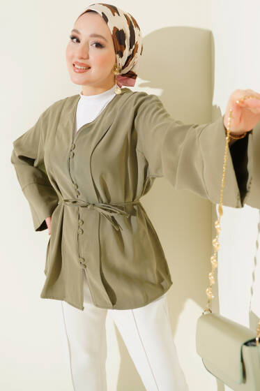 Brit Düğmeli İp Kuşaklı Tensel Gömlek Haki - Gömlek