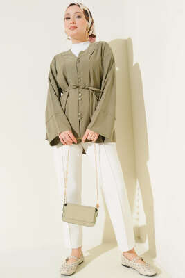 Brit Düğmeli İp Kuşaklı Tensel Gömlek Haki - Gömlek