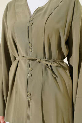 Brit Düğmeli İp Kuşaklı Tensel Gömlek Haki - Gömlek