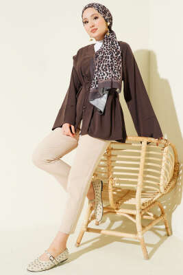 Brit Düğmeli İp Kuşaklı Tensel Gömlek Kahve - Gömlek