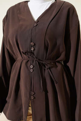 Brit Düğmeli İp Kuşaklı Tensel Gömlek Kahve - Gömlek