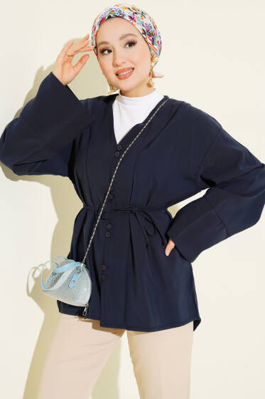 Brit Düğmeli İp Kuşaklı Tensel Gömlek Lacivert - Gömlek