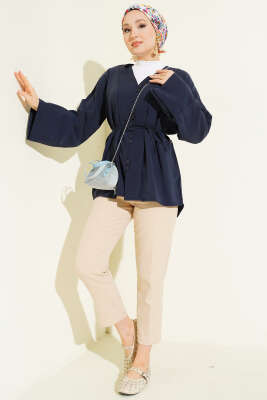 Brit Düğmeli İp Kuşaklı Tensel Gömlek Lacivert - Gömlek