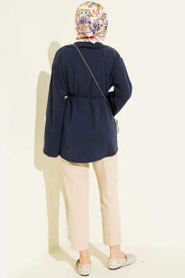 Brit Düğmeli İp Kuşaklı Tensel Gömlek Lacivert - Gömlek