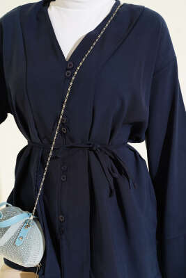 Brit Düğmeli İp Kuşaklı Tensel Gömlek Lacivert - Gömlek