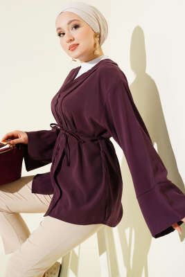 Brit Düğmeli İp Kuşaklı Tensel Gömlek Mürdüm - DESTİNA