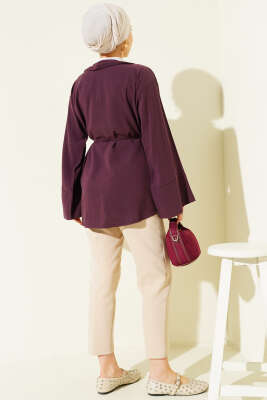 Brit Düğmeli İp Kuşaklı Tensel Gömlek Mürdüm - Gömlek