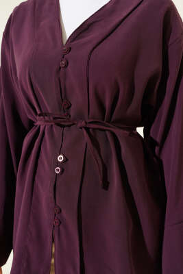 Brit Düğmeli İp Kuşaklı Tensel Gömlek Mürdüm - Gömlek