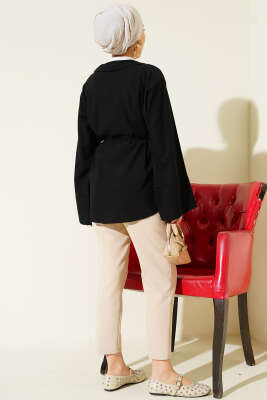 Brit Düğmeli İp Kuşaklı Tensel Gömlek Siyah - Gömlek