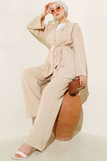 Brit Düğmeli İp Kuşaklı Tunik İkili Takım Bej - İkili Takım