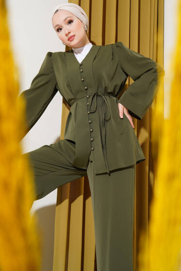 Brit Düğmeli İp Kuşaklı Tunik İkili Takım Haki - İkili Takım