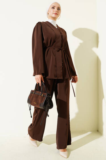 Brit Düğmeli İp Kuşaklı Tunik İkili Takım Kahve - İkili Takım
