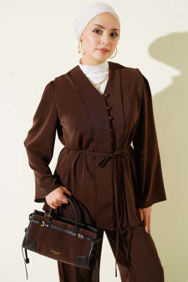Brit Düğmeli İp Kuşaklı Tunik İkili Takım Kahve - İkili Takım