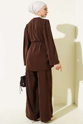 Brit Düğmeli İp Kuşaklı Tunik İkili Takım Kahve - İkili Takım