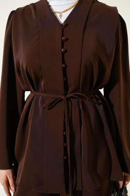 Brit Düğmeli İp Kuşaklı Tunik İkili Takım Kahve - İkili Takım