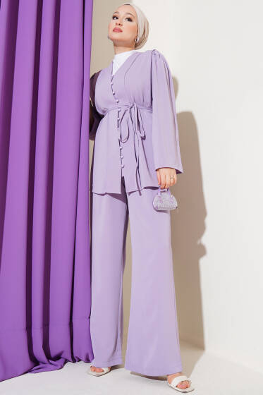 Brit Düğmeli İp Kuşaklı Tunik İkili Takım Lila - İkili Takım