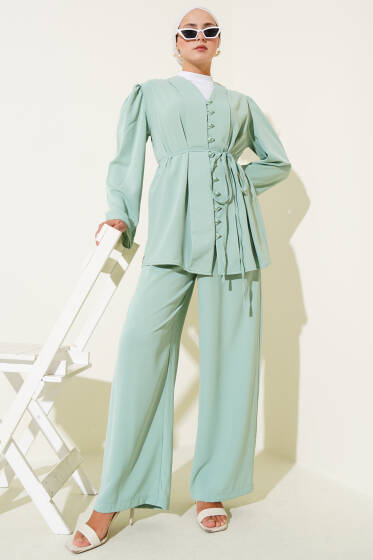 Brit Düğmeli İp Kuşaklı Tunik İkili Takım Mint Yeşili - İkili Takım