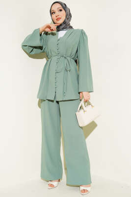 Brit Düğmeli İp Kuşaklı Tunik İkili Takım Pers Yeşili - İkili Takım