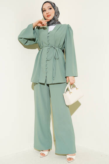 Brit Düğmeli İp Kuşaklı Tunik İkili Takım Pers Yeşili - İkili Takım