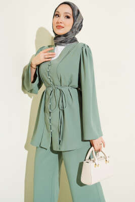 Brit Düğmeli İp Kuşaklı Tunik İkili Takım Pers Yeşili - İkili Takım