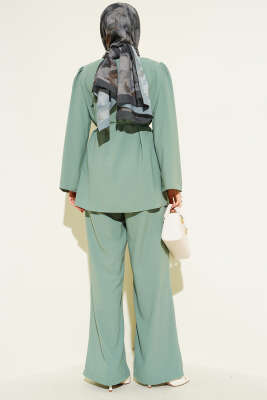 Brit Düğmeli İp Kuşaklı Tunik İkili Takım Pers Yeşili - İkili Takım