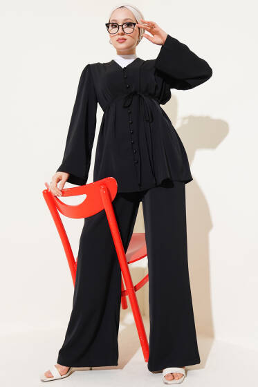Brit Düğmeli İp Kuşaklı Tunik İkili Takım Siyah - İkili Takım