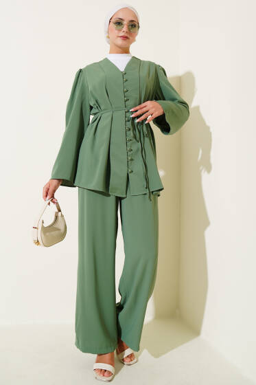 Brit Düğmeli İp Kuşaklı Tunik İkili Takım Yeşil - İkili Takım