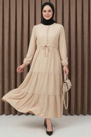 Brit Düğmeli Katlı Elbise Bej - Elbise