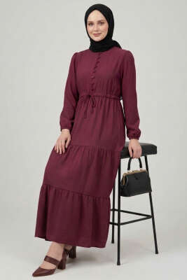 Brit Düğmeli Katlı Elbise Bordo - NEVA MODA