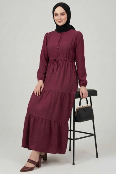 Brit Düğmeli Katlı Elbise Bordo - Elbise