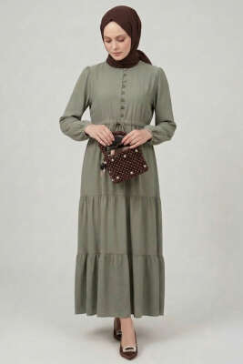 Brit Düğmeli Katlı Elbise Haki 