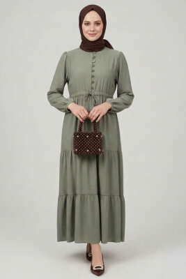 Brit Düğmeli Katlı Elbise Haki - Elbise
