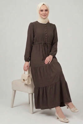 Brit Düğmeli Katlı Elbise Kahve - Elbise