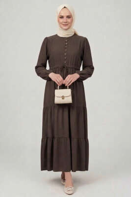 Brit Düğmeli Katlı Elbise Kahve - Elbise