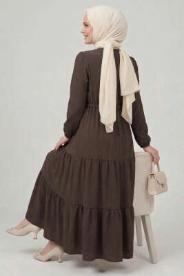 Brit Düğmeli Katlı Elbise Kahve - Elbise