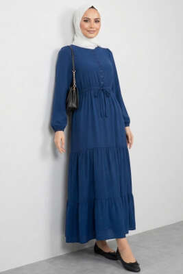 Brit Düğmeli Katlı Elbise Lacivert - NEVA MODA