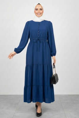 Brit Düğmeli Katlı Elbise Lacivert - Elbise