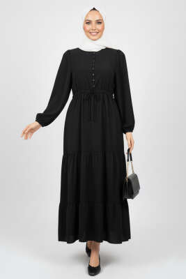 Brit Düğmeli Katlı Elbise Siyah - NEVA MODA